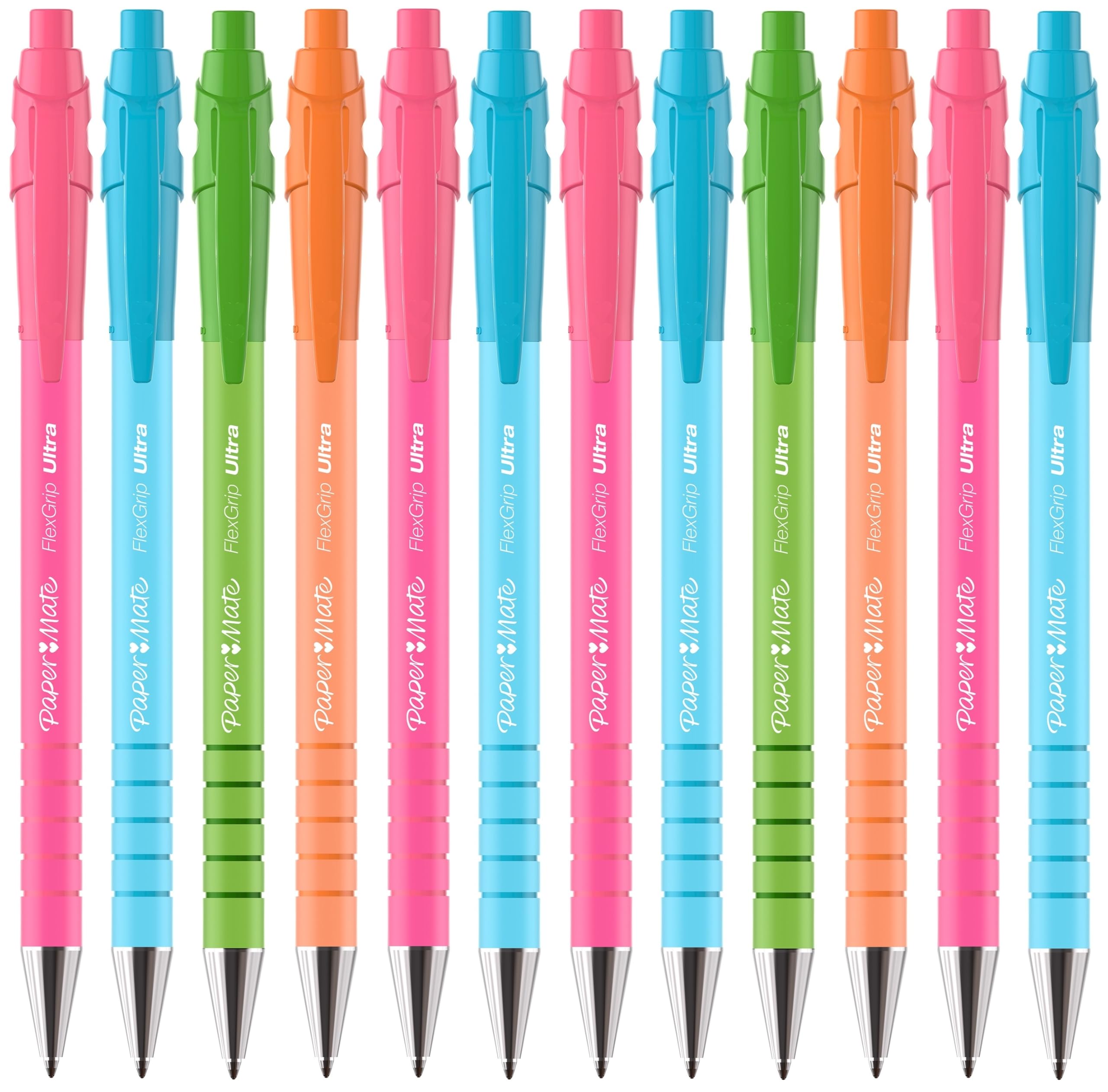 Paper Mate Flexgrip Ultra Retractable Ballpoint Pens | Medium Point | Blue Ink | 12 Pack | Bright Retro Barrels