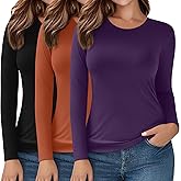 Evervibe 3 Pack Women's Plus Size Long Sleeve Shirts Crew Neck Slim Fitted T Shirt Stretchy Casual Bodycon Basic Tee Tops