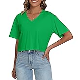 PRIMODA Women's Oversized Crop Tops Boxy V Neck Short Sleeve Cropped T Shirts Loose Summer Workout Crop Tee Tops