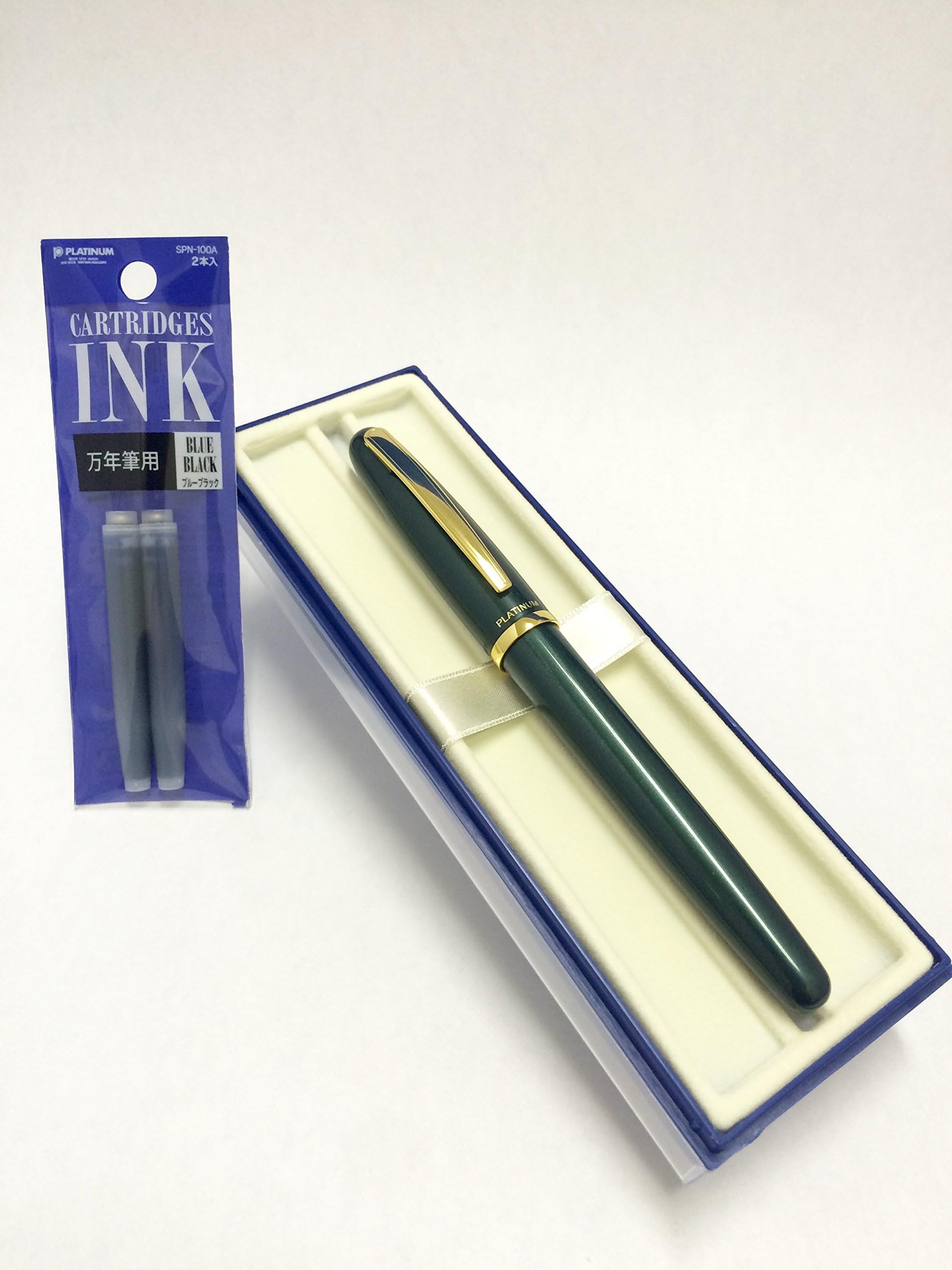 x3010;Platinum Penx3011; PGB-3000#49 Fine nib Green fountain pen with blue black cartridge ink