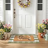 Bee Happy Layered Doormat Set, Spring Door Mat with Printed Coir Welcome Mat and Plaid Layering Rug, Farmhouse Front Door Ent