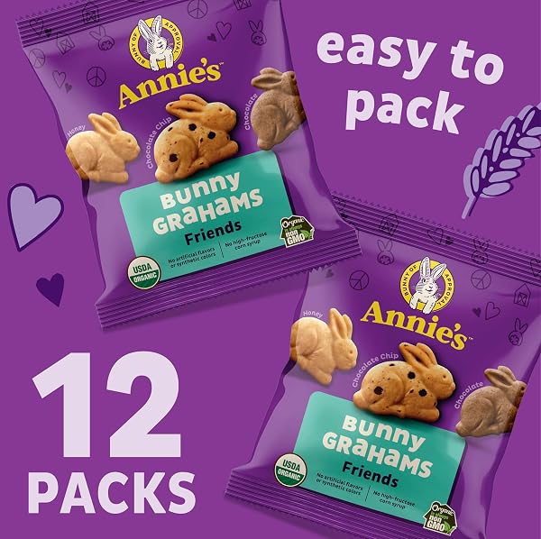 ANNIE’S ORGANIC FRIENDS BUNNY GRAHAMS, CHOCOLATE CHIP, CHOCOLATE, AND HONEY BAKED GRAHAM SNACKS, 12 POUCHES, 12 OZ
