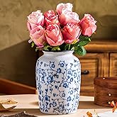 Kiiwaa Blue and White Ceramic Vase, Vintage Rustic Ceramic Antique French Vases for Flowers, Farmhouse Decorative Vase for Living Room, Bedroom, Dining Table 7.8 Inch