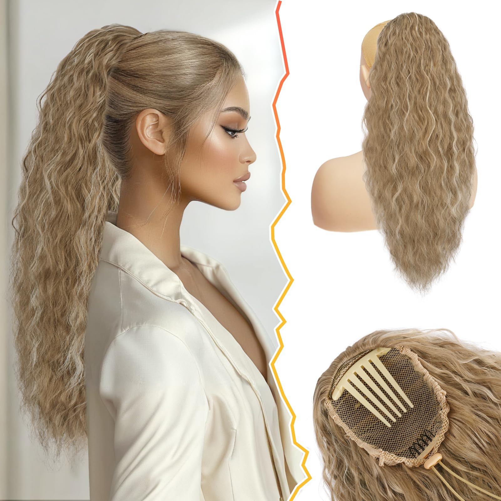 BARSDAR Drawstring Ponytail, 22 Inch Curly Wavy Ponytail Extensions for Women Synthetic Comb Clip in Ponytail Hairpieces - Medium Blonde with Highlights — image 1
