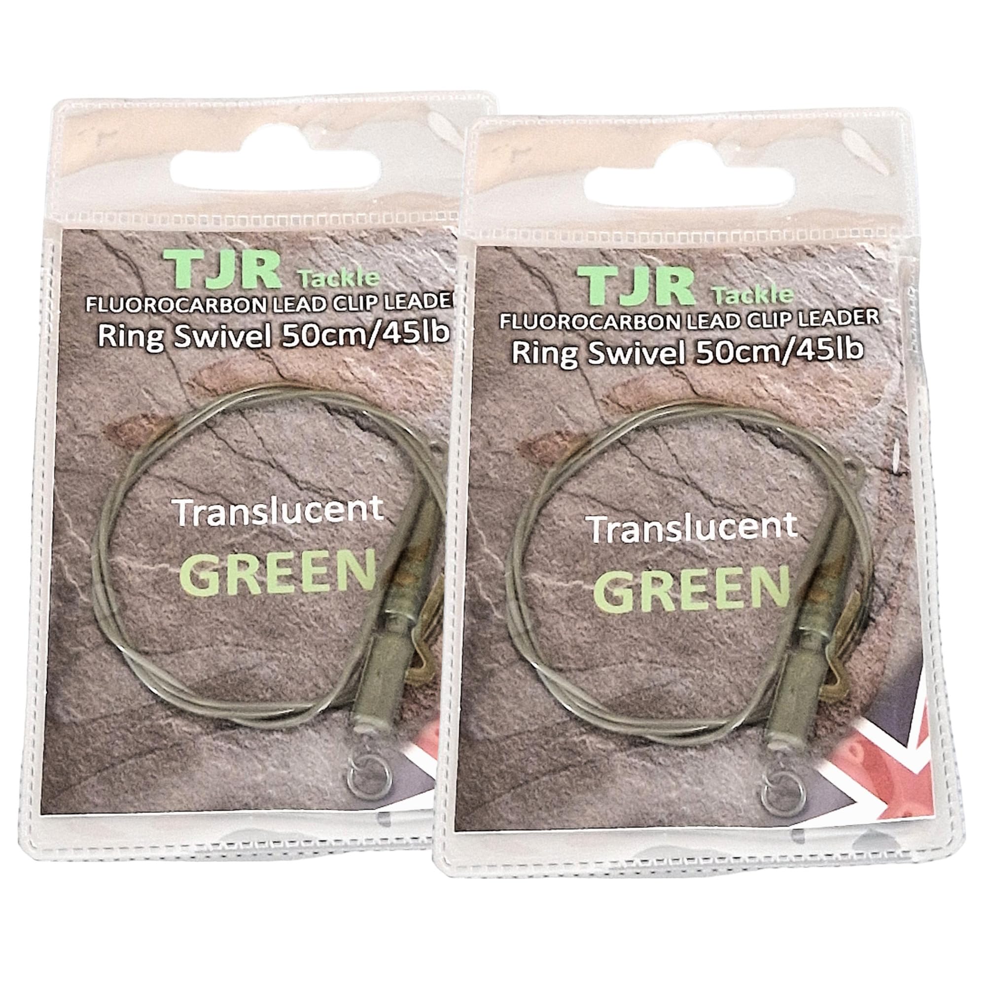Twin pack 50cm fluorocarbon carp Leaders Carp safety lead Clips Ring swivels (Translucent Green)