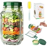Salad Jar with Side Opening,33.8oz Portable Mason Jars with Dressing Cup | BPA-Free Leakproof Salad Pod, Lid Converts To Bowl, Container with Long Handle Brush for Lunch Office Gym Travel &amp; Meal Prep