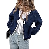 GORGLITTER Women's Tie Front Cardigan Sweater Cute Bow Cozy Fall Fashion 2025 Trendy Long Sleeve Knit Cropped Sweater