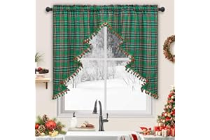Yinhua Christmas Valance Christmas Tree Valance with Pompom Tassel Green Buffalo Plaid Swag Valances for Windows Rod Pocket Kitchen Curtain 36 Inch Length Window Valances for Kitchen Cafe, 1 Panel