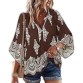 VALOLIA Womens Boho Tops 3/4 Sleeve V Neck Casual Loose Fit Blouses Shirt Bohemian Vacation Clothes