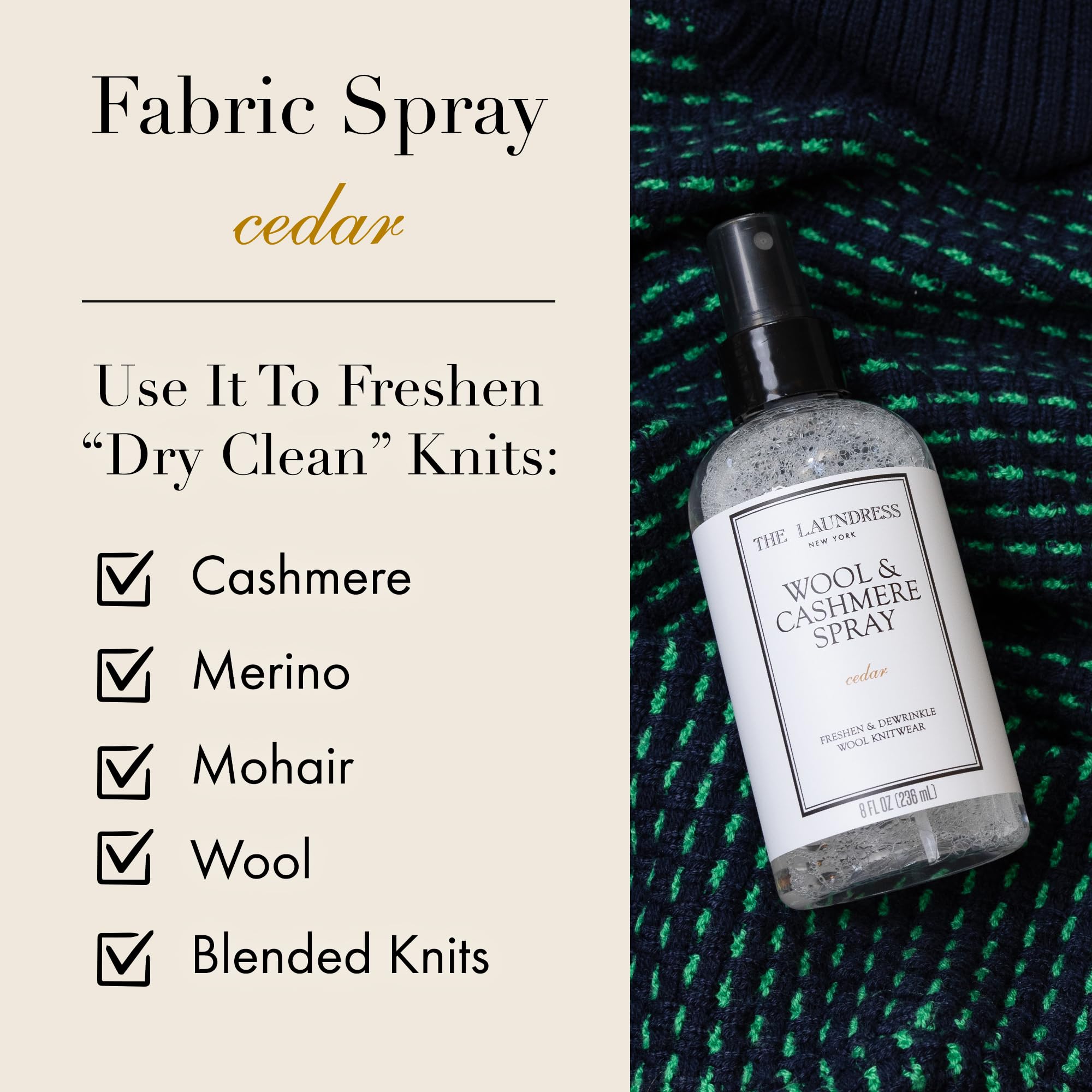 The Laundress Wool and Cashmere Fabric Spray, Wool Dewrinkle Spray, Upholstery and Linen Spray, Fabric Refresher, Cedar Scent, 8 Fl Oz