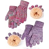 Geyoga 2 Pairs Kids Warm Gloves Winter for Girls Boys 2-8 Thermal Wool Fleece Lined Gloves Toddler Thick Thermal Knit Mittens for Cold Weather Supplies, Cute Rose Red and Purple