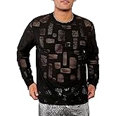 WDIRARA Men's Hollow Out Mesh Long Sleeve Round Neck Pullover Sheer Sweatshirt Tops