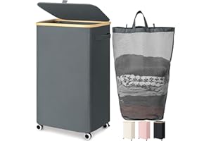 Goodpick Laundry Basket with Wheels, Large Rolling Laundry Hamper Slim Clothes Hampers with Removable Wash Bag Collapsible Dirty Clothes Basket with Lid, 100L, Gray