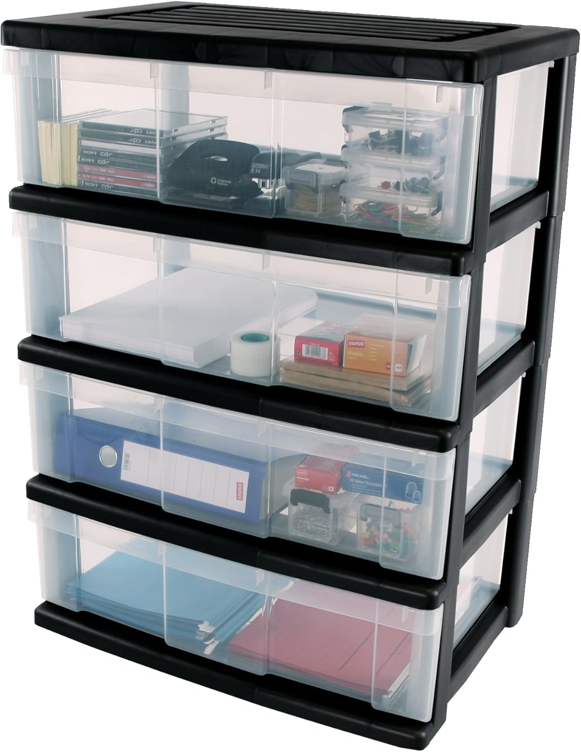 Iris Ohyama, Werkzeugwagen / Schubladenschrank auf Rollen - Wide Chest WC-N604 - plastik, schwarz, 4 x 34 L, L60 x B41 x H63 cm