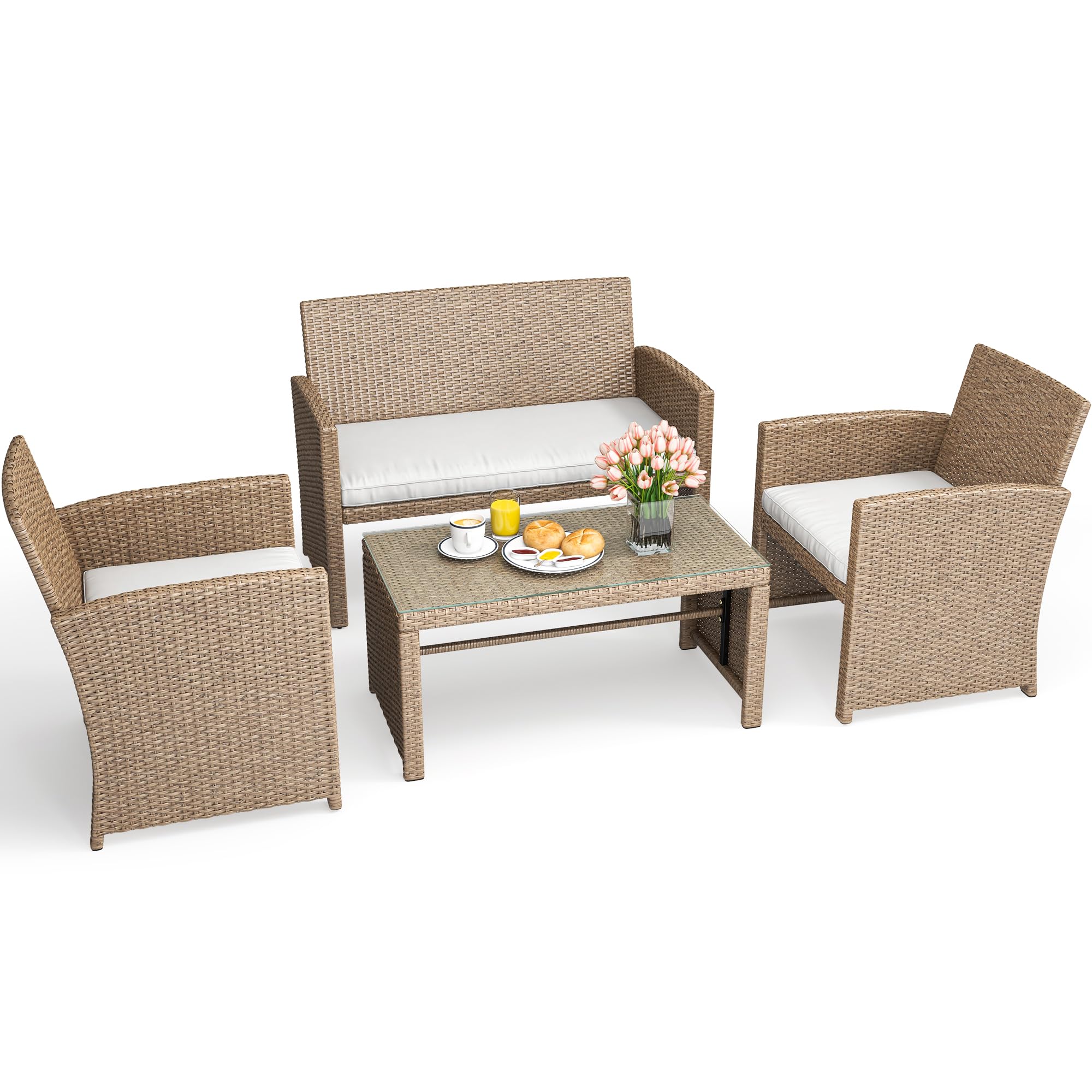 Photo 1 of ** SEE NOTES *** YITAHOME 4-Piece Patio Bistro Set, All-Weather Outdoor Patio Furniture Rattan Wicker Loveseat Conversation Set with Glass Side Table and Soft Cushions, Light Brown+Beige