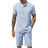 COOFANDY Men's 2 Pieces Set Short Sleeve Henley Shirts and Shorts Pants Texture Summer Beach Vacation Outfits