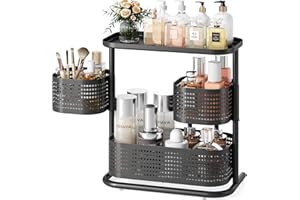 KINGRACK Bathroom Counter Organizer, 3 Tier Rotating Vanity Bedroom Storage cabinet, Cosmetic Holder Standing Shelf, Bathroom Tray for Countertop Storage, Kitchen Spice Rack, Black