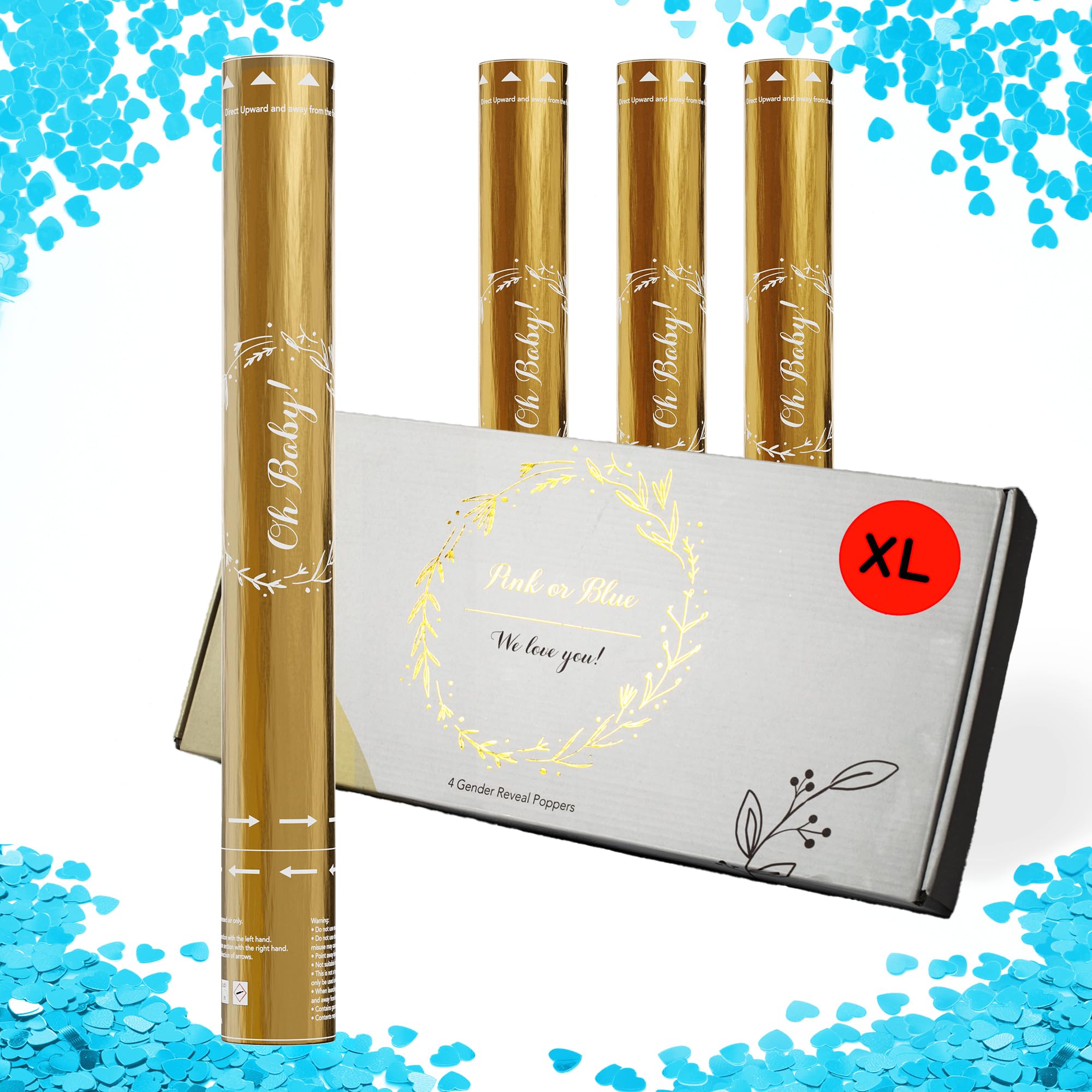 Team Planet X Large Gender Reveal Cannon 43cm - Biodegradable Vibrant Confetti and Colour Powder Smoke - Gender Reveal Confetti Cannon for Baby Girl or Boy Party with Stickers - 4 x Blue