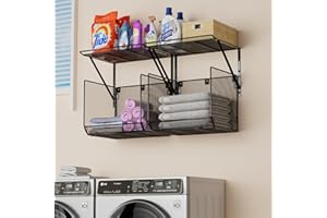 BigPonPon 2 Pack Laundry Room Shelves Organization and Storage,Wall Mounted Clothes Drying Rack with Wire Mesh Basket Over Washer and Dryer, (Black, 2 Pack)