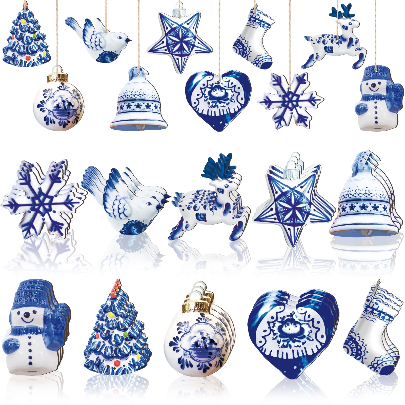 Photo 1 of Meooeck 40 Pieces Christmas Chinoiserie Ornaments Blue and White Porcelain Imitation Appearance Wooden Ornaments Hanging Chinoiserie Decorations Bird Tree Snowflake Deer Decoration for Xmas Tree