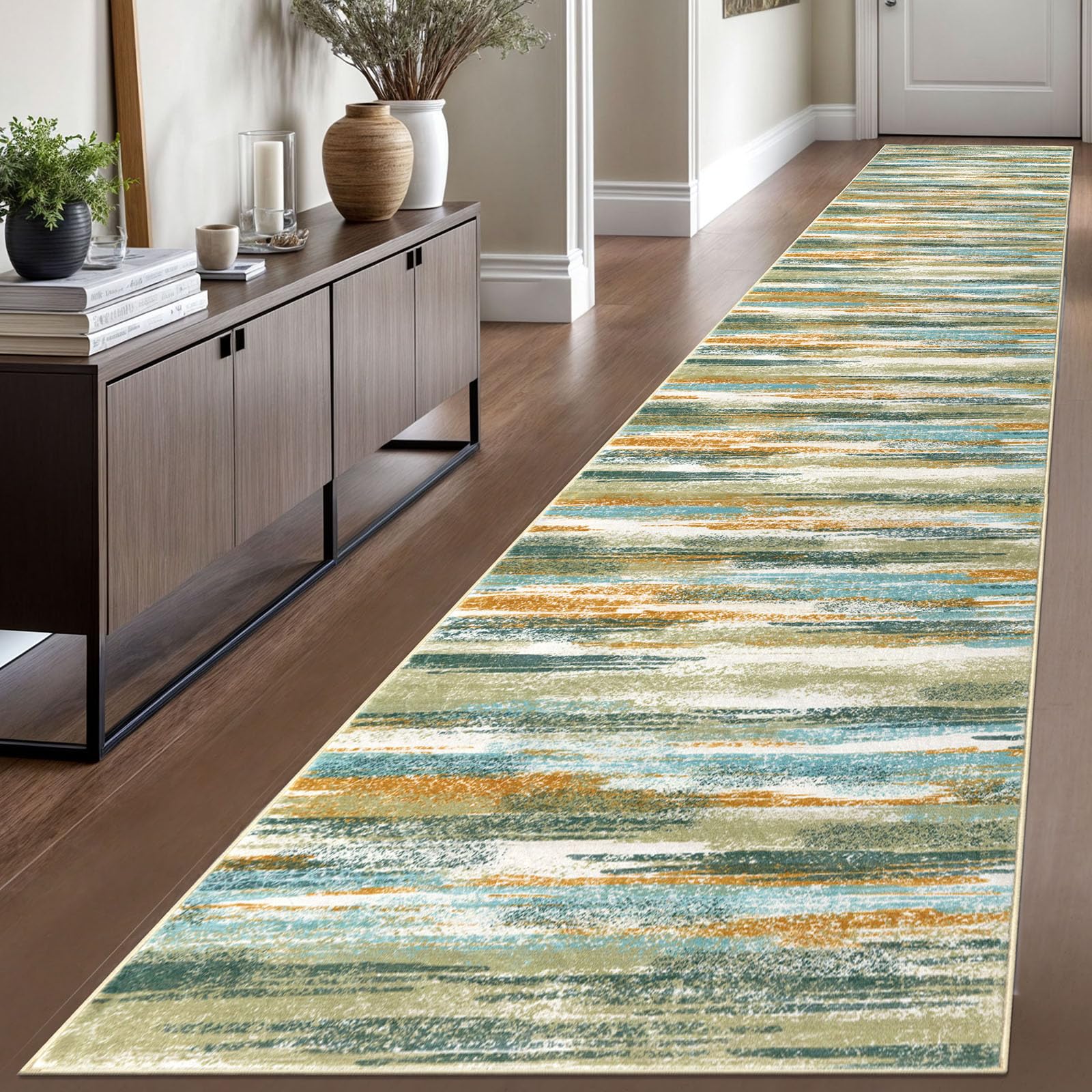 Lansny Modern Abstract Runner Rug 2.6x16, Green Mustard Multi Washable Long Kitchen Runner Non-Slip Soft Hallway Rug Runner Thin Print Faux Wool Carpet for Entryway Bedroom Laundry Room Indoor Image