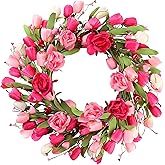 Sggvecsy 20in Valentine's Day Tulip Wreath for Front Door Artificial Pink Rose Wreath Spring Summer Silk Flower with Heart Berries Green Leaves for Gifts Festival Wedding Window Wall Decor