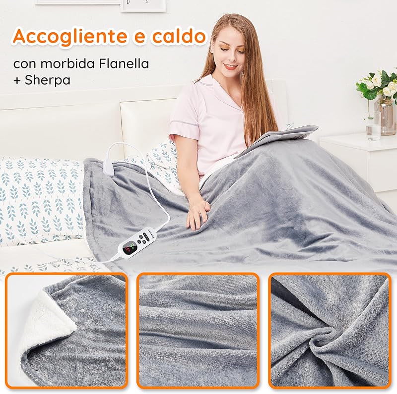 Coperta Elettrica Termica Riscaldata, Lavabile in Lavatrice, con Telecomando Digitale, Flanella Sherpa 130x160 cm, 10 livelli e 1~9 ore di spegnimento automatico, lavabile in lavatrice