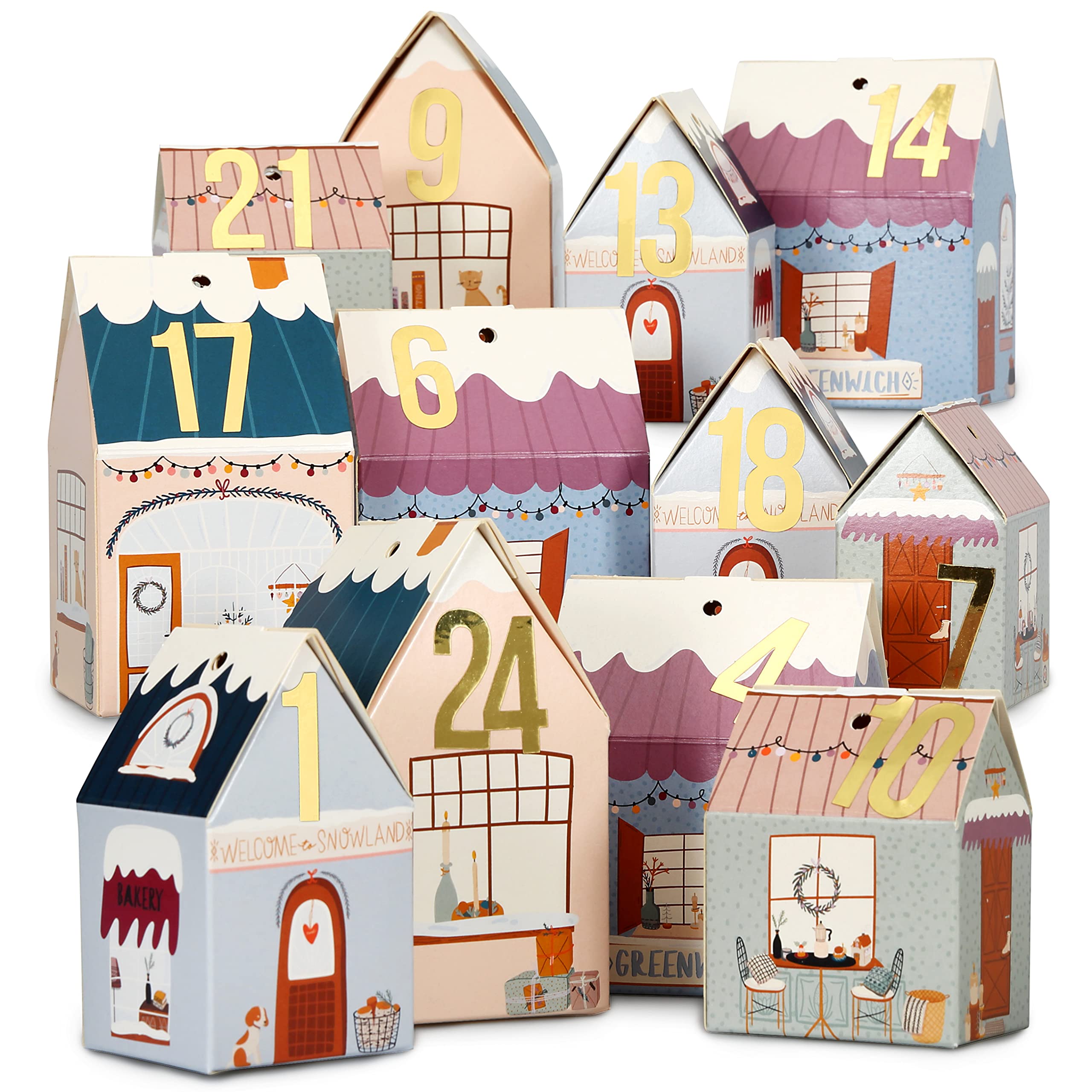 Papierdrachen DIY Advent Calendar for DIY and Fill - Cottage Set - Colorful Christmas Village - 24 Colourful Folding Boxes to Install and Decorate - Reusable