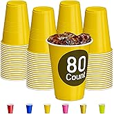 DecorRack 80 Count Yellow Party Cups, 16 oz BPA Free Plastic Cups, Perfect for Birthday, Picnic, Indoor and Outdoor Event, Stackable, Reusable, Disposable Round Beverage Drinking Cups (80 Pack)