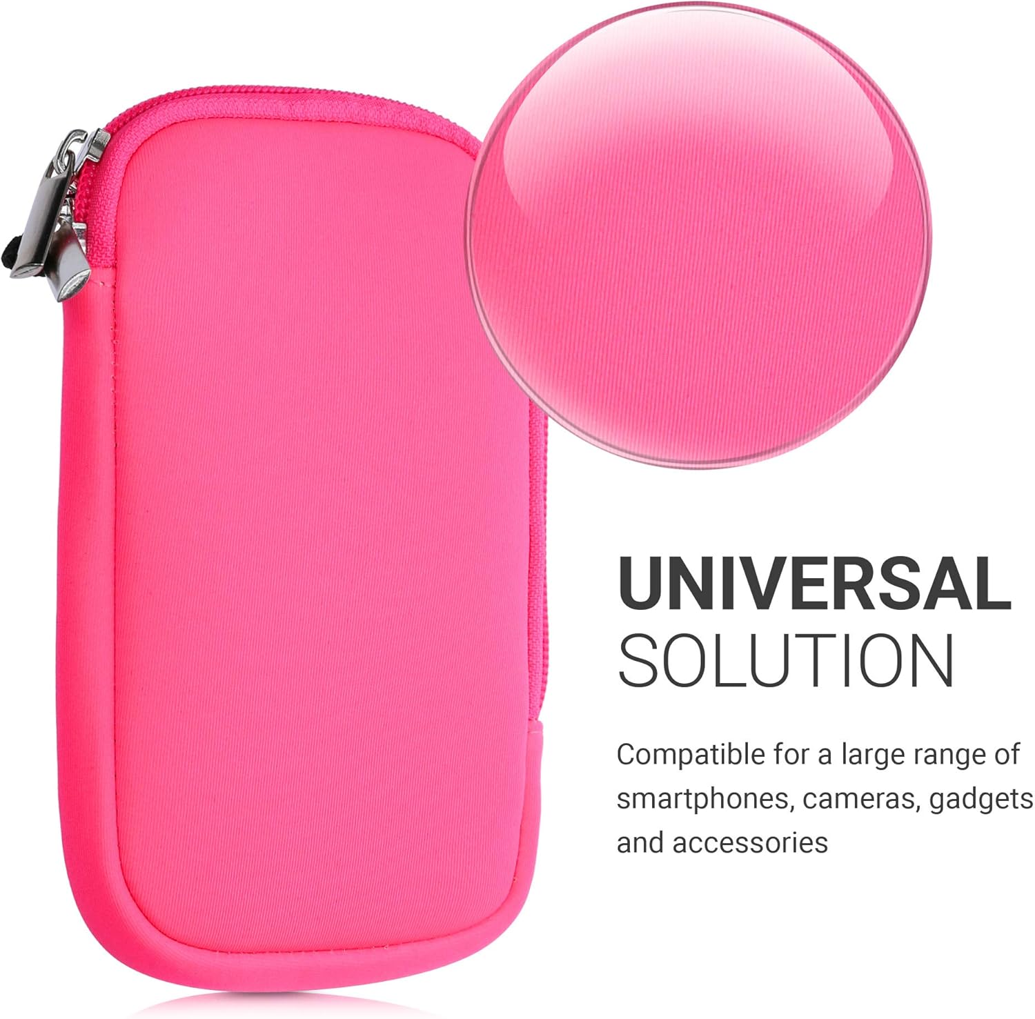 kwmobile Neoprene Phone Pouch Size L - 6.5" - Universal Cell Sleeve Mobile Bag with Zipper, Wrist Strap - Neon Pink - Image 4
