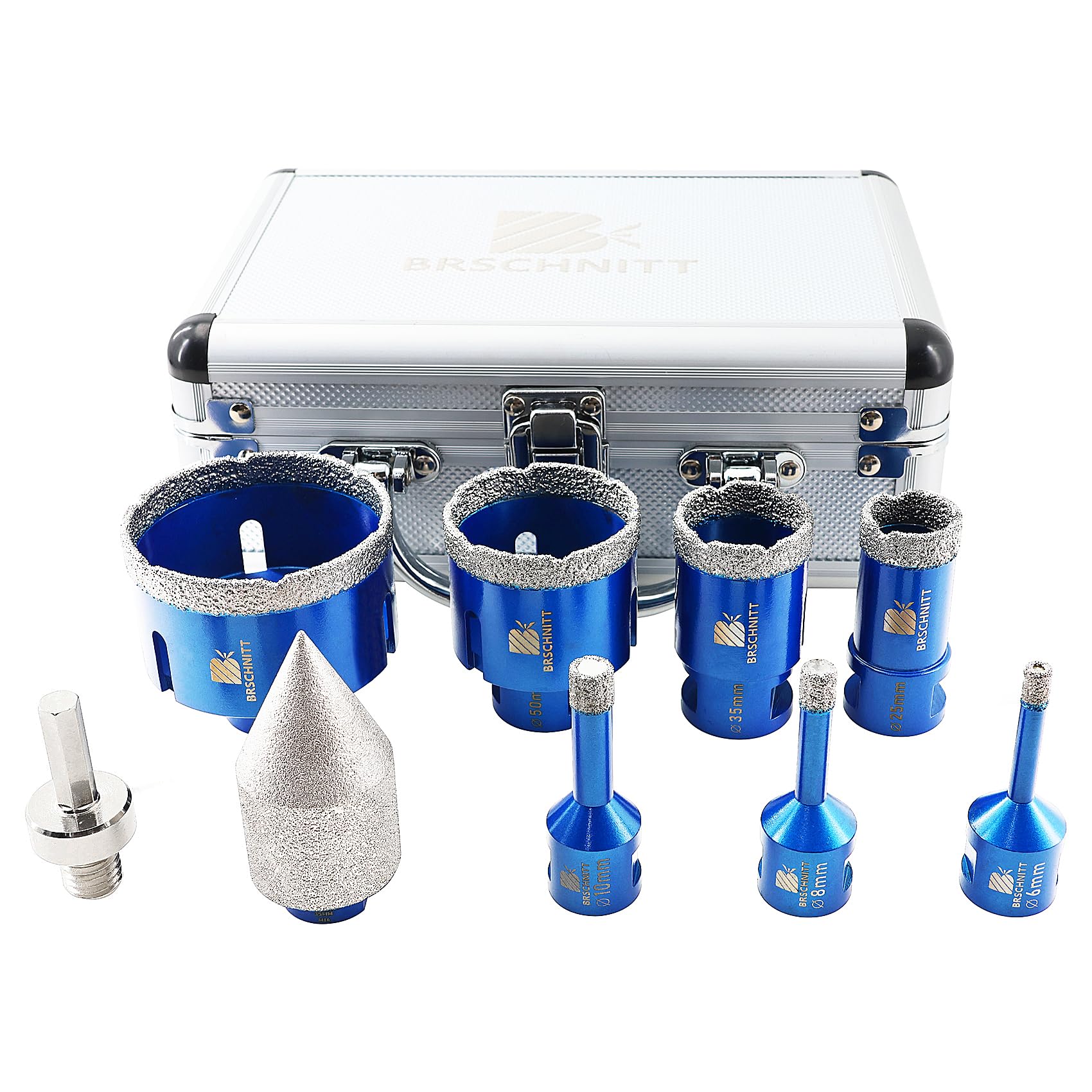 Diamond Core Drill Bit Set for Porcelain Tile Ceramic Marble Granite Drilling,BRSCHNITT 6/8/10/25/35/50/68 &0-35mm chamfer finger bit with M14 Thread &adapter — image 1