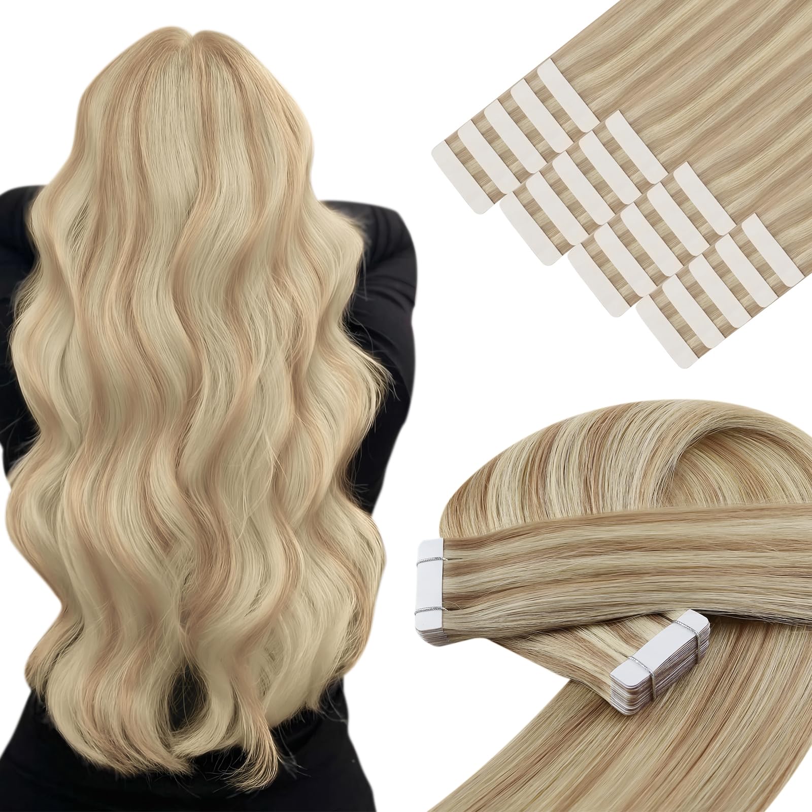 YoungSee Tape in Hair Extensions Highlight Ash Blonde Mixed Platinum Blonde Hair Extension Tape Human Hair Blonde Straight Extension 22In 50G 20Pcs