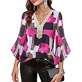 Timeson Women's Ruffle 3/4 Sleeve Sparkly Tops Sequin V Neck Blouses Dressy Fall Shirts