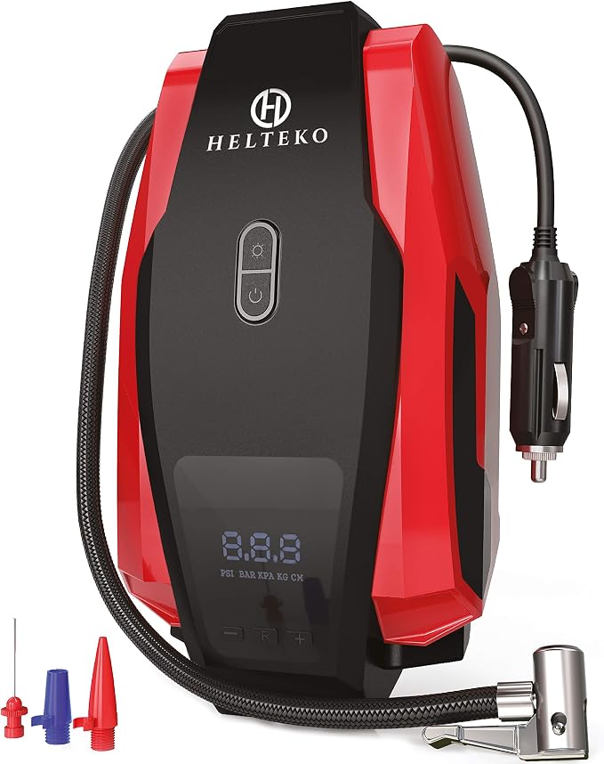 Helteko Air Compressor Tire inflator DC 12V, Portable Car Tire Pump w/Emergency LED Light