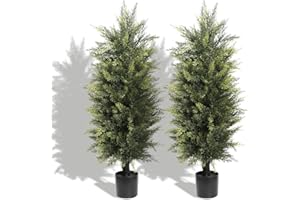 Damomo Outdoor Artificial Cedar Trees, 3.3ft Artificial Topiary Shrubs Potted, Lifelike Fake Cypress Tree, 2 Packs Faux Bushes Plant for Decorative Indoor or Outdoor（40inch）