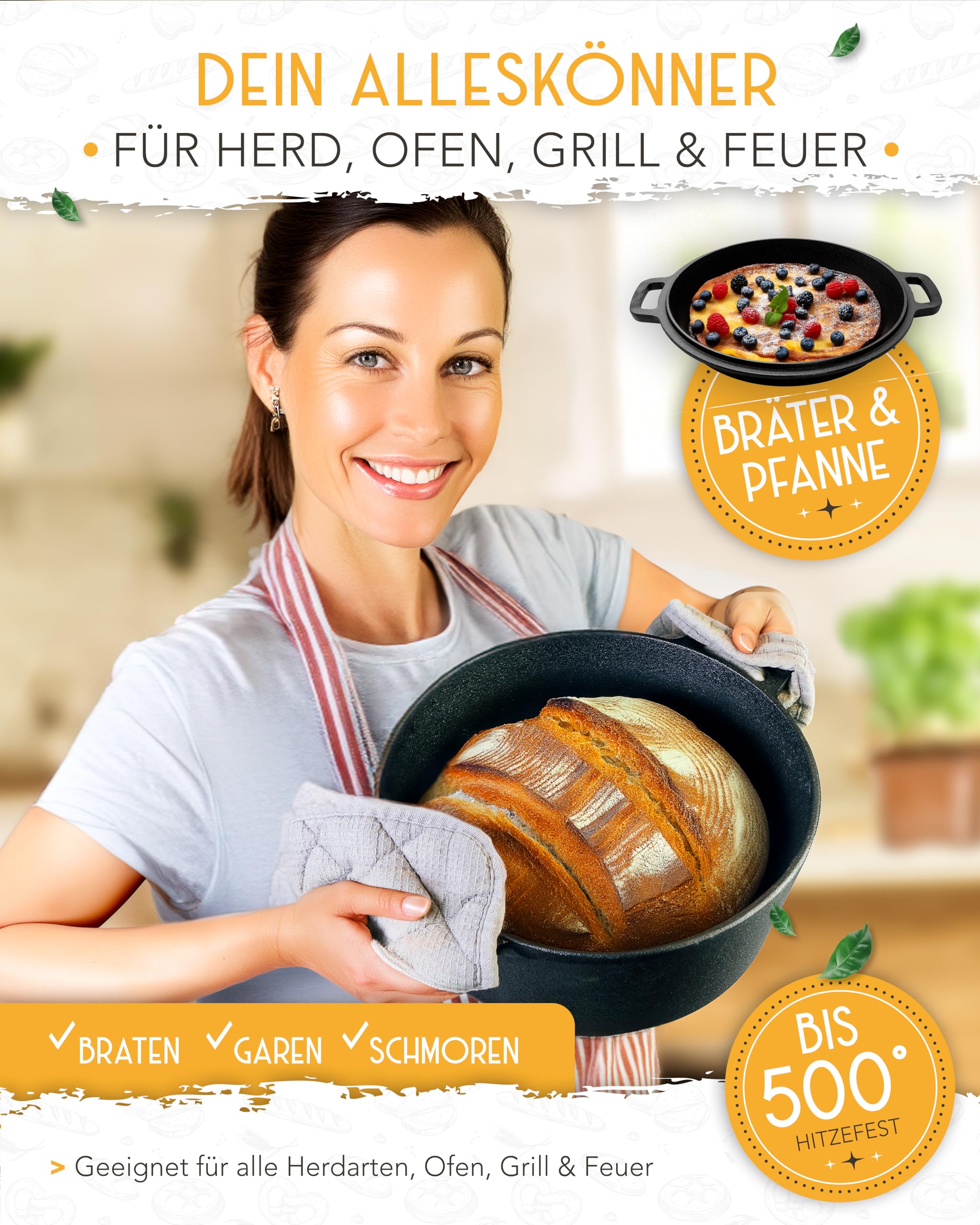KRUSTENZAUBER Gusseisen Topf Brot Backen im XXL Set - Brotbackform mit Deckel inkl. Gärkorb, Schneebesen, Bäckermesser, Teigschaber, Brotschlinge und mehr - Perfektes Brotbacktopf Set für Anfänger 6