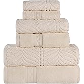 Superior Cotton Chevron 6 Piece Assorted Towel Set, Zero Twist, Quick Dry, Home Essentials, Shower, Spa, Luxury Plush Soft Absorbent Towels, Includes 2 Bath, 2 Hand, 2 Washcloth/Face Towels, Ivory