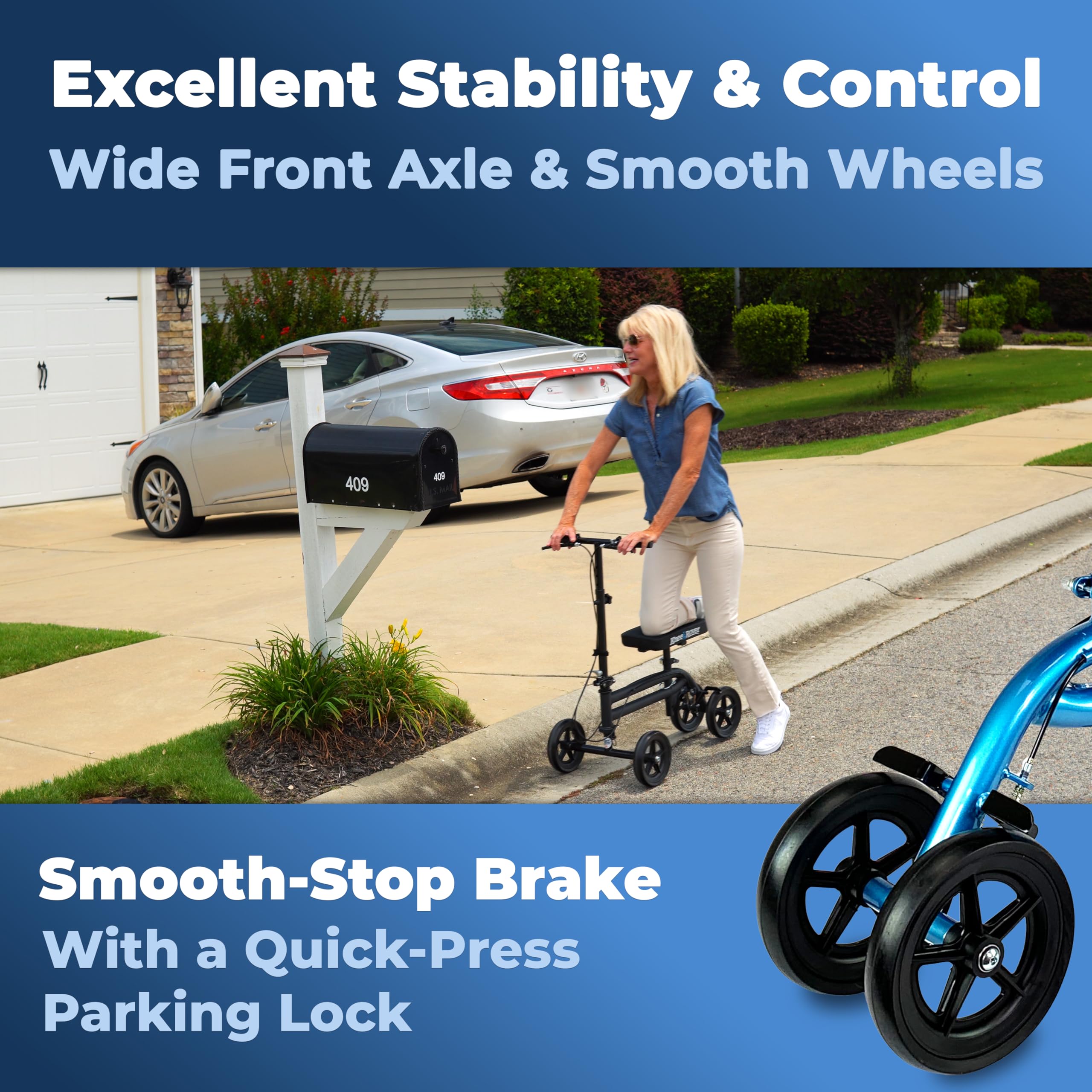 KneeRover Economy Steerable Knee Scooter – Foldable Mobility Aid & Knee Walker with Adjustable Handlebar and Comfortable Knee Pad for Adultss (Blue)
