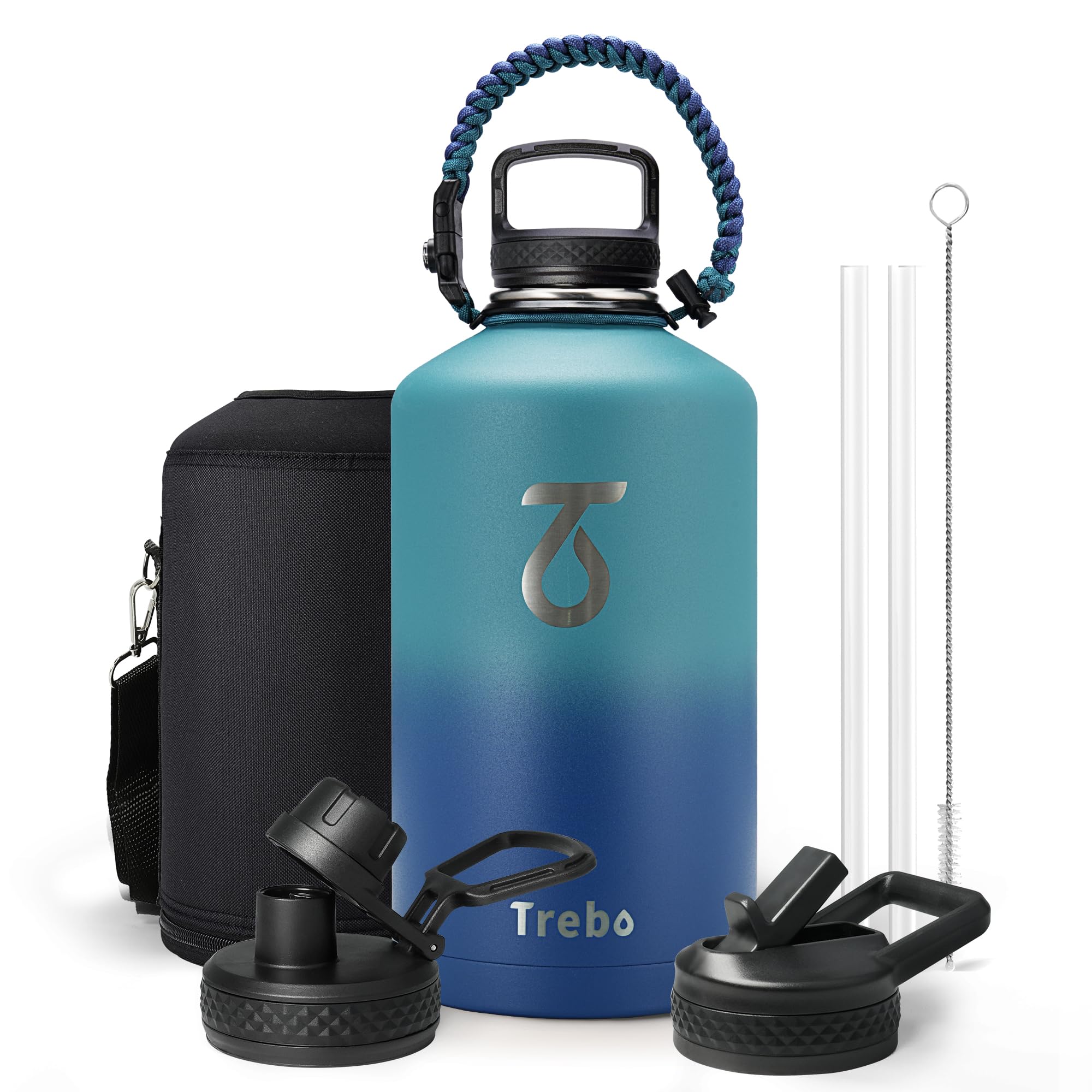 Trebo 1 Gallon(128oz) Water Bottle Insulated with Paracord Handle and Straw,Vacuum Double Wall Stainless Steel Large Jug Keep Cold 48 Hours, Leakproof & BPA Free for Men Gym/Hiking/Camping, Cyan Blue Image