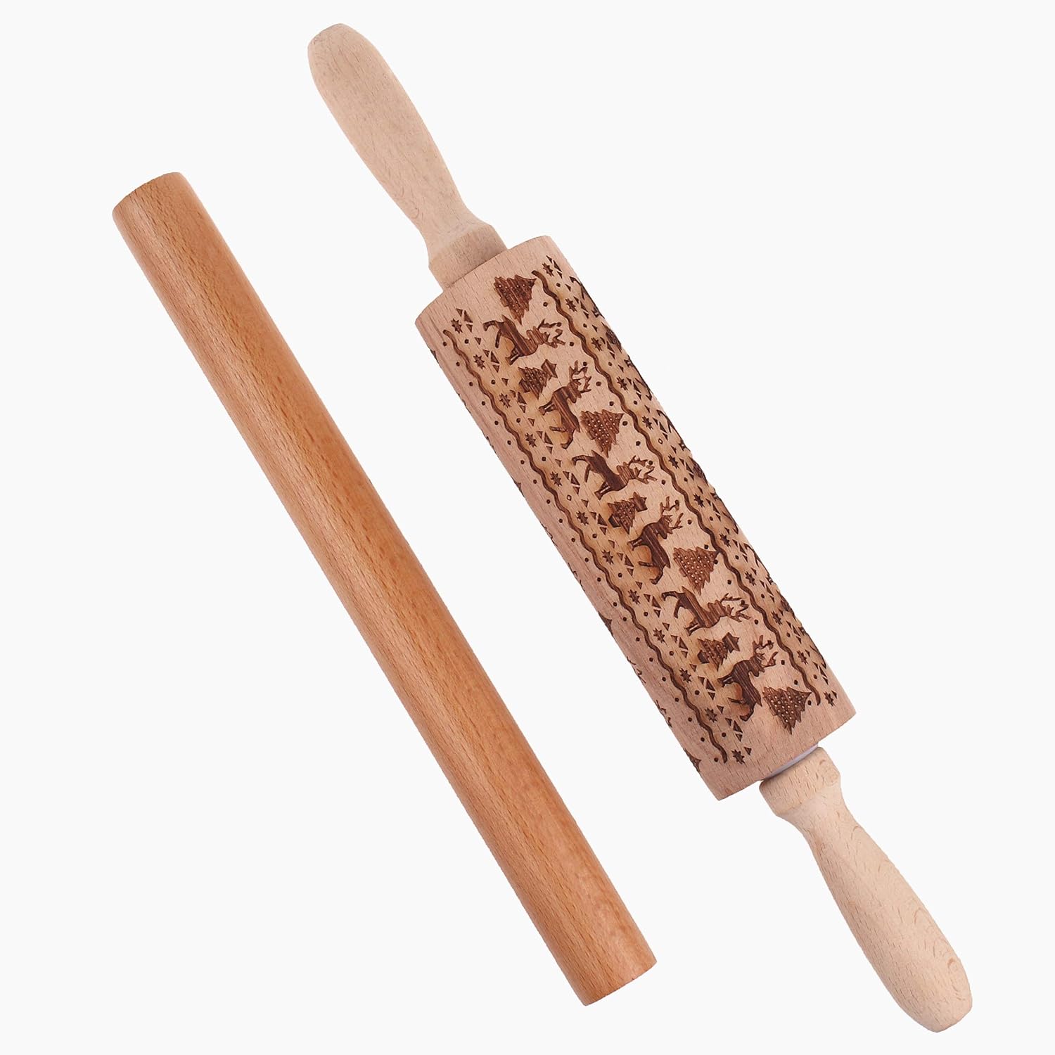 3d Christmas Embossing Wooden Rolling Pin Baking Cookies Tool Dough Roller 43cm