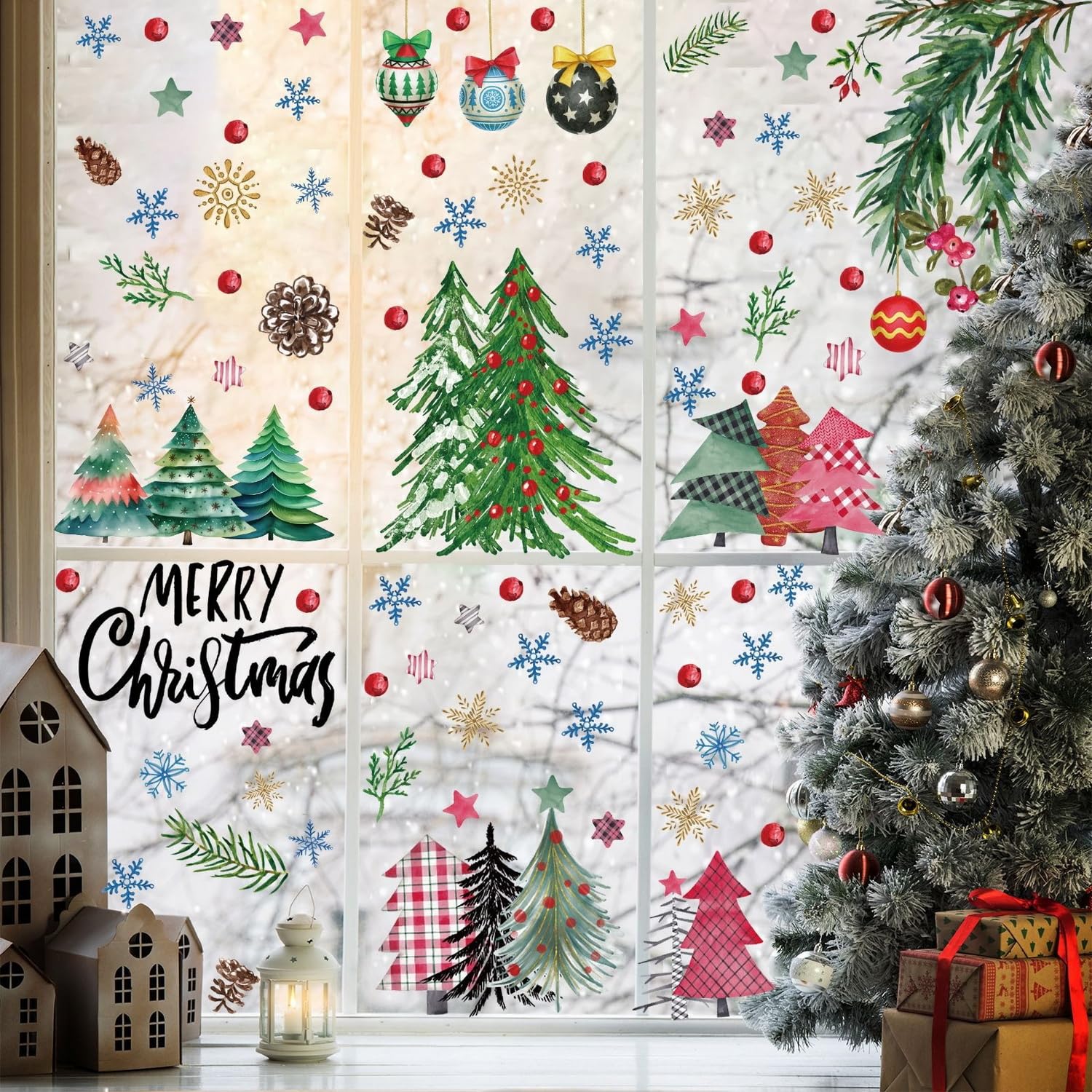 Photo 1 of  ***** PACK OF 4*****9 Sheet Christmas Window Cling Stickers Xmas Ball Red Green Tree Snowflake Pinecone Window Stickers Designs Holiday Decorations Merry Christmas Glass Decals for Home Party Glass Display Decoration