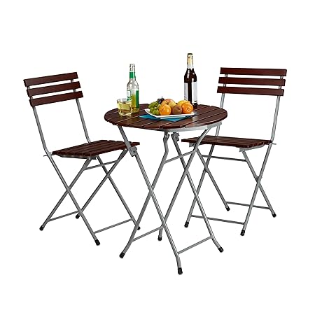 Relaxdays Gartenmöbel Set Holz 3-teilig, Klappbar, Klapptisch rund, 2 Klappstühle, Sitzgruppe, Balkongarnitur, rot-braun