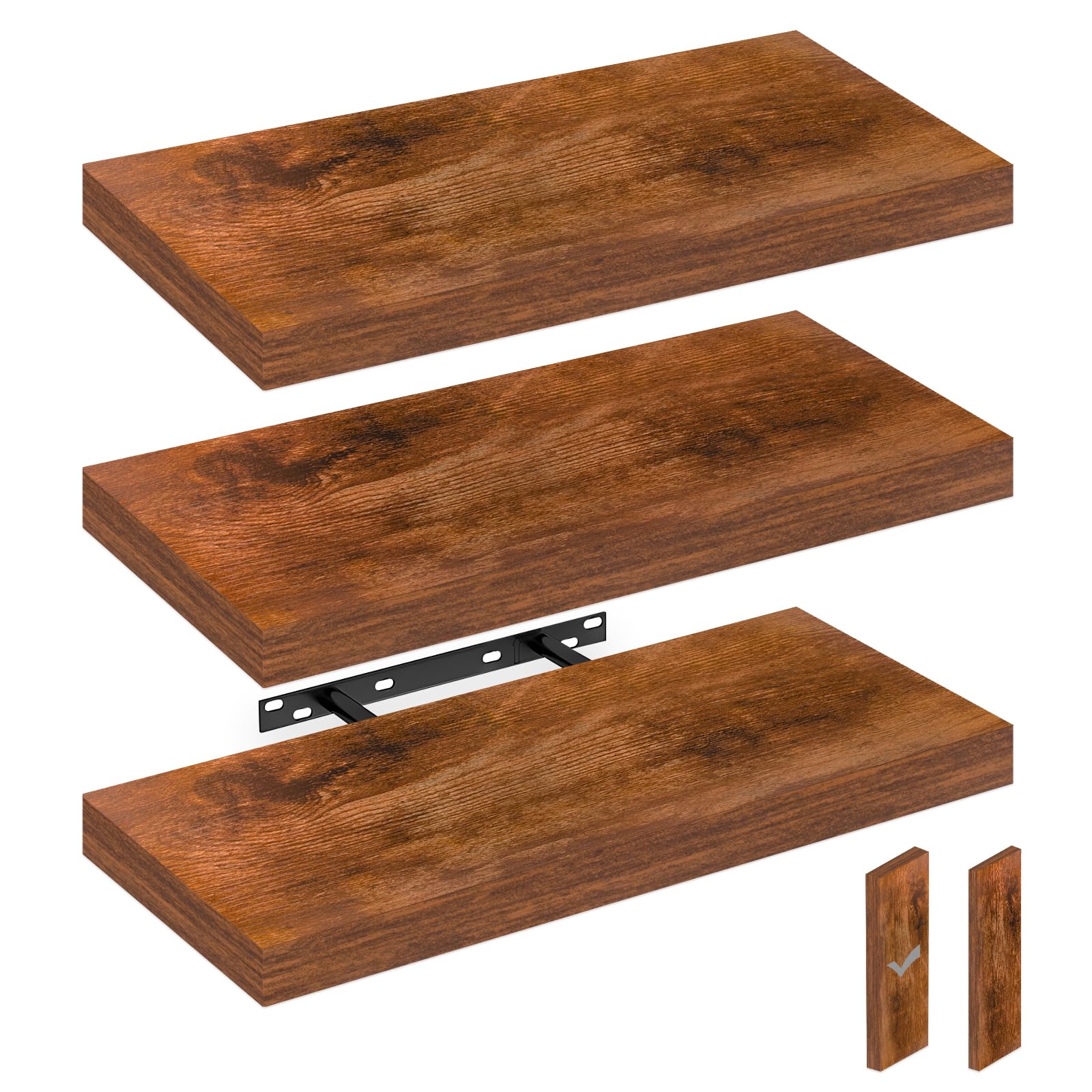 Photo 1 of 3PCS Floating Book Shelves for Wall, Wall Mounted Shelves with Invisible Brackets for Bathroom, Living Room, Bedroom and Kitchen with 25lbs Capacity - Rustic Brown(15.75 * 6.7 * 1.5inch)
