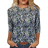 JomeDesign Womens Tops 3/4 Sleeve Shirts Round Neck Loose Casual Blouses Floral Print Tshirts