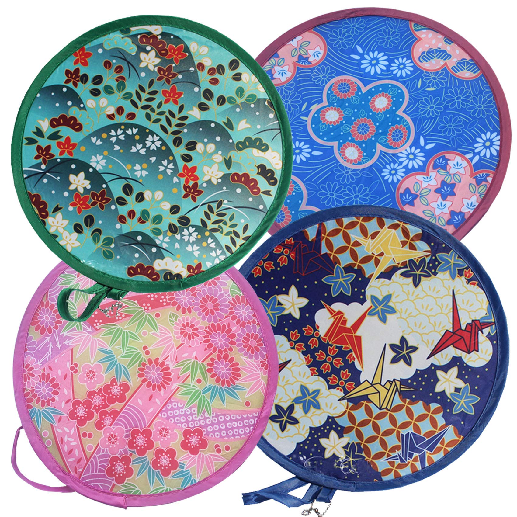 LTCT Foldable Fan Round Japanese Style Summer Handheld Folding Fans Festival Wedding Party Decor Home Personal Decoration 4 Units Different Beautiful Patterns