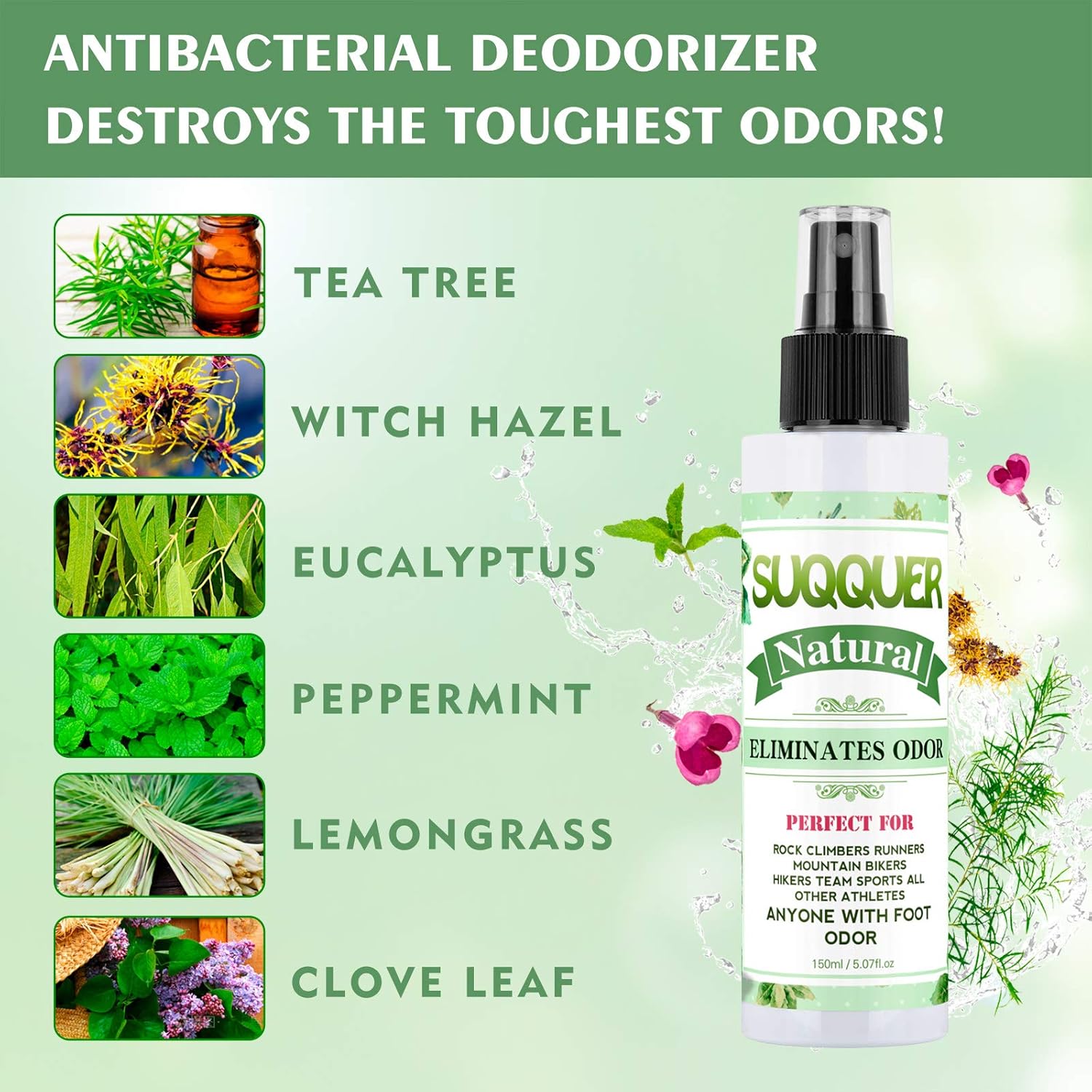 Natural Shoe Deodorizer Spray, SUQQUER 150ML Extra Strength Foot Odor Eliminator for Shoes-Witch Hazel, Peppermint, Tea Tree Essential Oils 150ML /5.07FL.OZ : Beauty