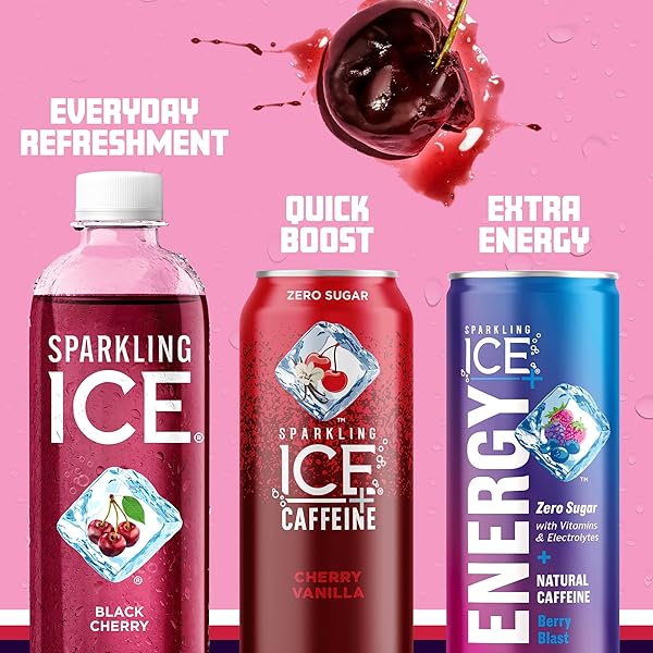 SPARKLING ICE, BLACK CHERRY SPARKLING WATER, ZERO SUGAR FLAVORED WATER, WITH ANTIOXIDANTS AND VITAMINS, 17 FL OZ BOTTLE
