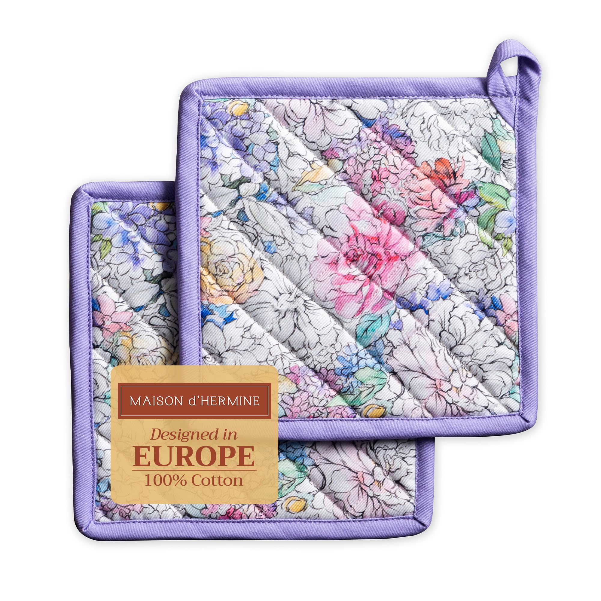 Maison d' Hermine Pot Holders Set 100% Cotton Heat Resistant Potholders 20 cm x 20 cm Hot Pads with Loop for BBQ Cooking Baking Handling Hot Pans Gifts for Mothers Day (Pack of 2, Floral Love)