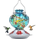BOLITE Hummingbird Feeder, Hand Blown Glass Hummingbird Feeders for Outdoors Hanging, with Ant Moat and 5 Feeding Ports, 22 Ounces, Peony Flower Shape, Blue, Gifts for Women Men, Gifts for Mom Dad