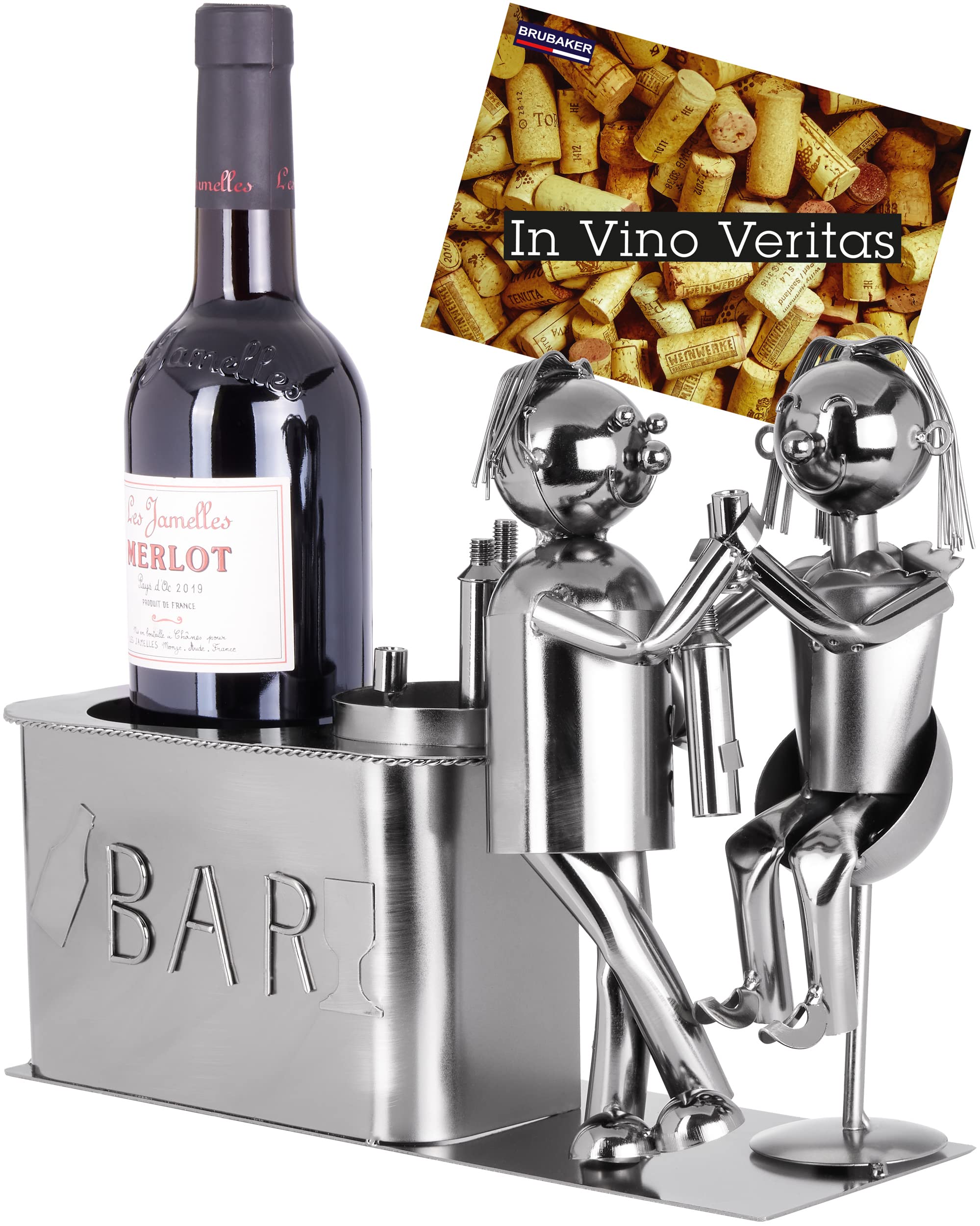 BRUBAKER Couple at The Bar Wine Bottle Holder Stand Rack Home Kitchen Table Art Decoration with Gift Card